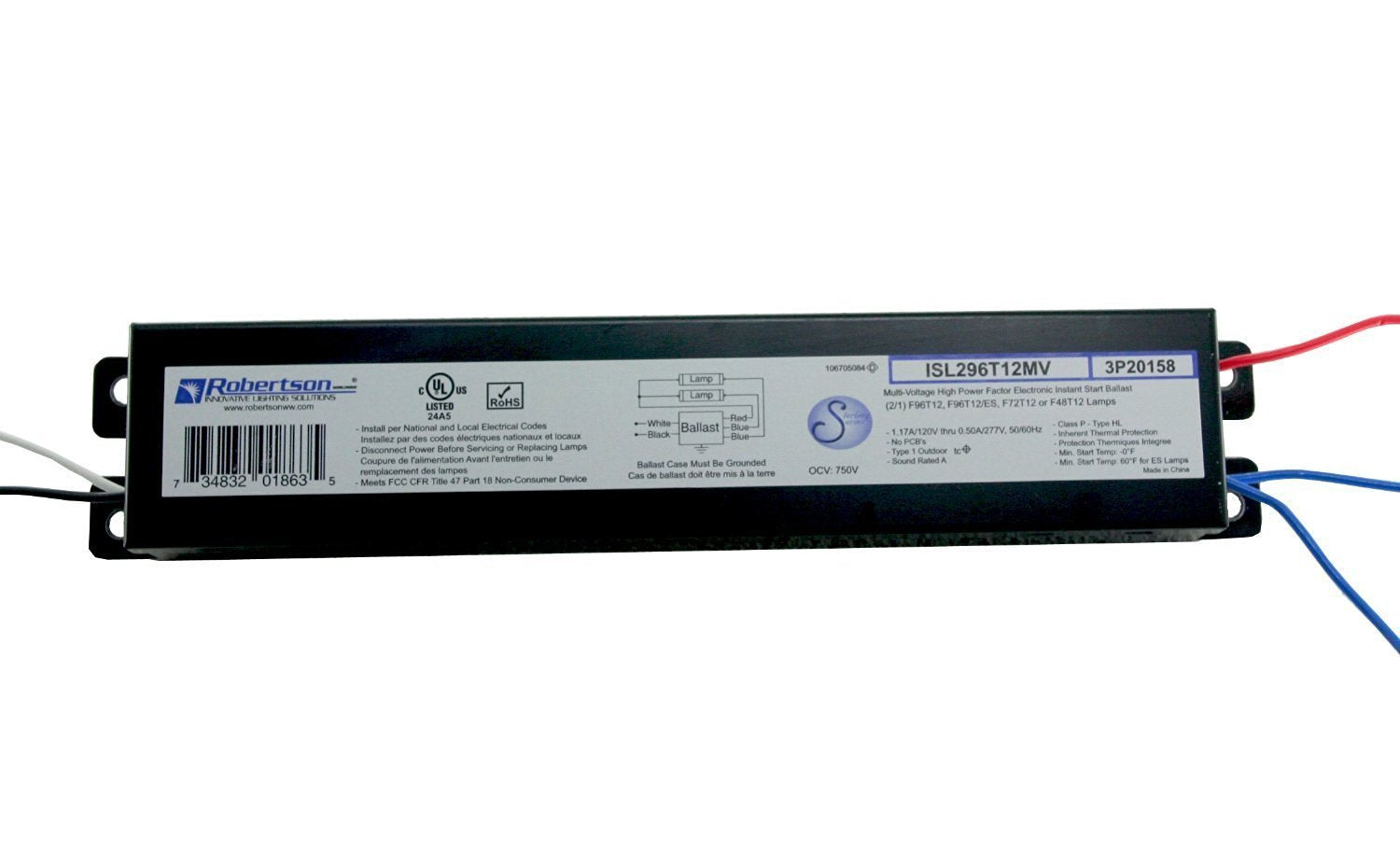 Robertson 3P20158 Isl296T12Mv Fluorescent Eballast For 2 F96T12 Linear Lamps, Instant Start, 120-277Vac, 50-60Hz, Nbf, Hpf (For
